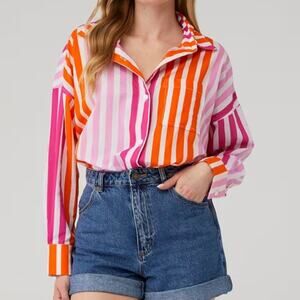 Beach Riot Sunset Stripes Alexa Pink Orange Button Down Cotton Long Sleeve Top